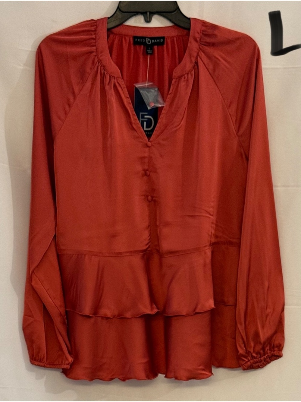 Fred David Rust Red Satin Peplum Blouse